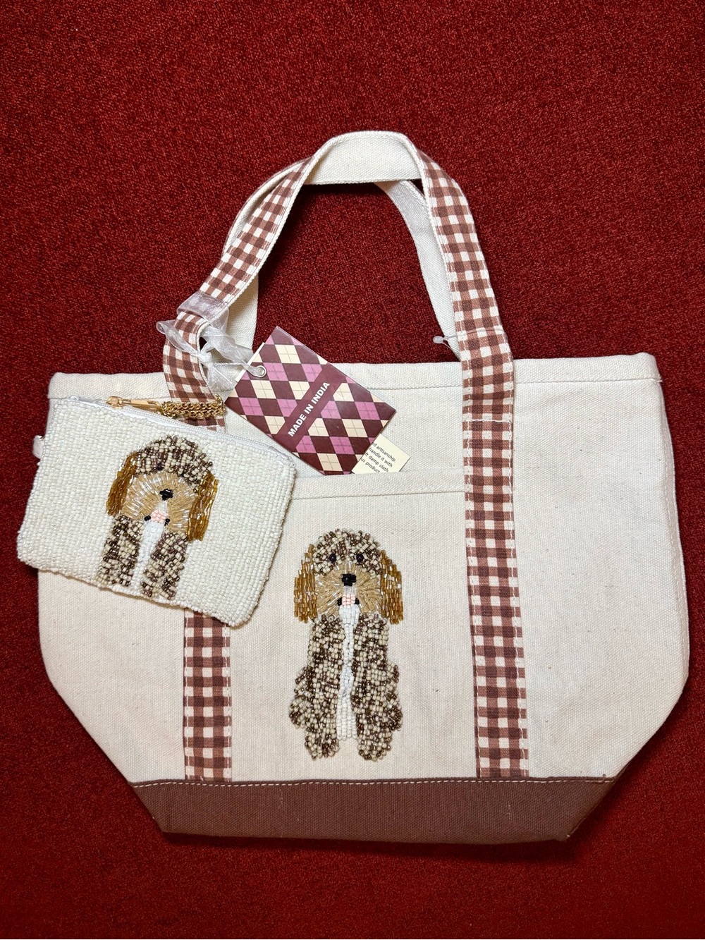 NWT Cocker Spaniel Cavapoo Golden Doodle Dog Gingham Beaded Canvas Tote Bag